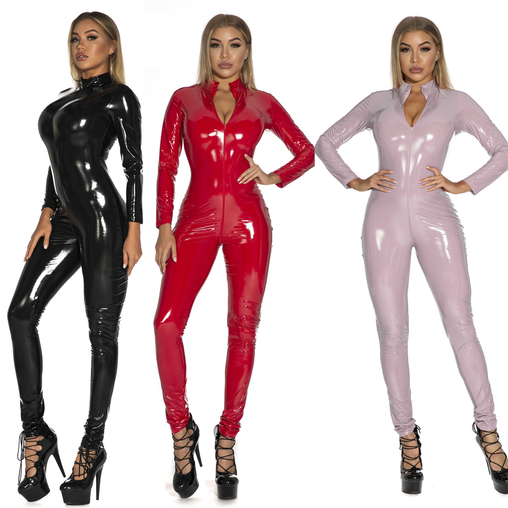 Sewing Latex - Vrouwen Sexy Glanzend PU Kunstleer Jumpsuit